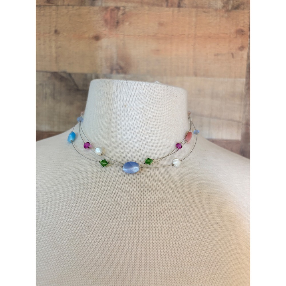 Multicolor Floating Bead Triple Strand Necklace Silver Tone Adjustable